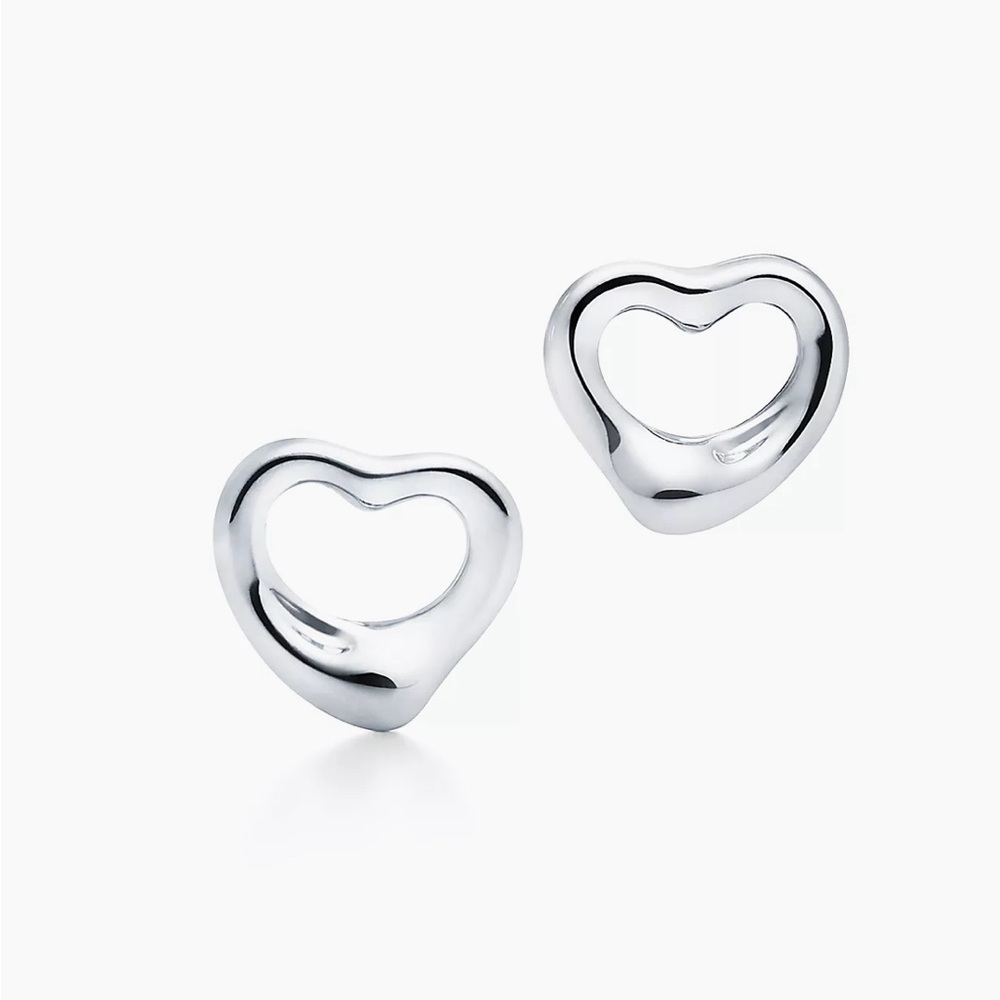 Tiffany & Co Elsa Peretti Large Open Heart Stud. Earrings box, bag, and pouch.
